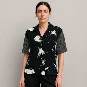 Vintage 90s Shirtstrings Rayon Blouse S Abstract Tribal‎ Black White Button Up